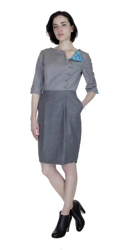 Weekend Style Boat Neck Asym Placket Colorblock Dress/ Grey Combo