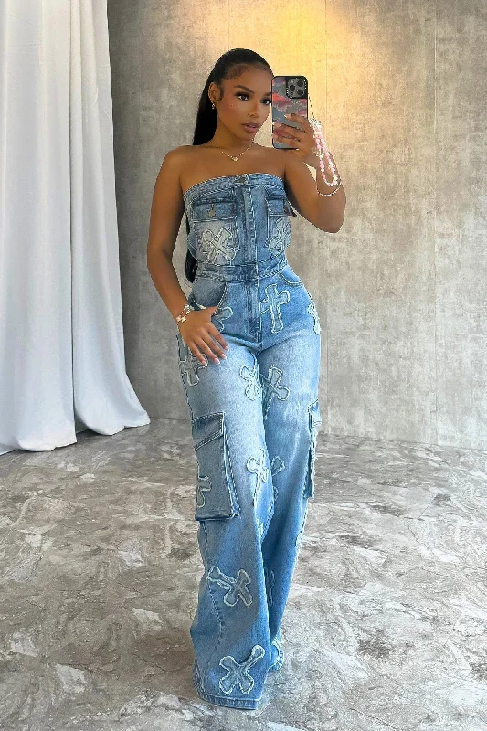 Simple Elegance Cross Your Mind Patched Denim Jumpsuit