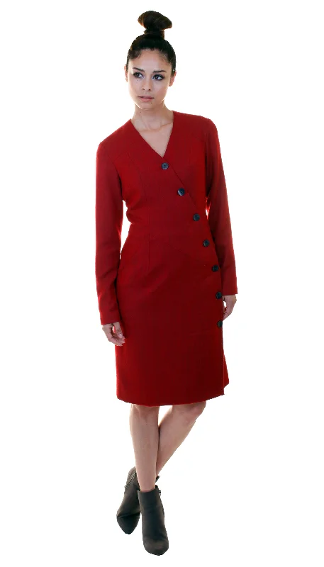 Exquisite Craftsmanship V Plunge Button Up Dress  /  Red