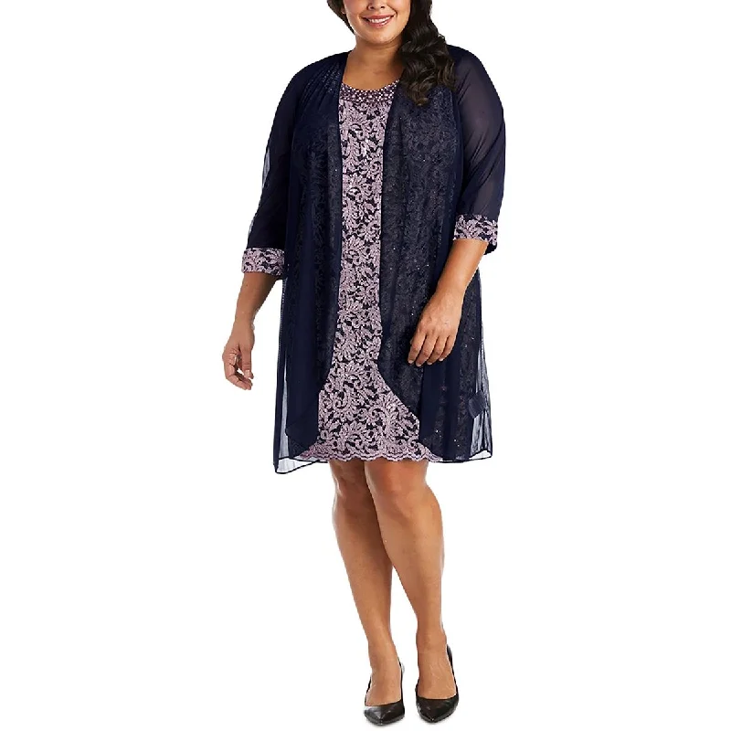 European And American Style R&M Richards Womens Plus Mesh Contrast Trim Duster Blazer